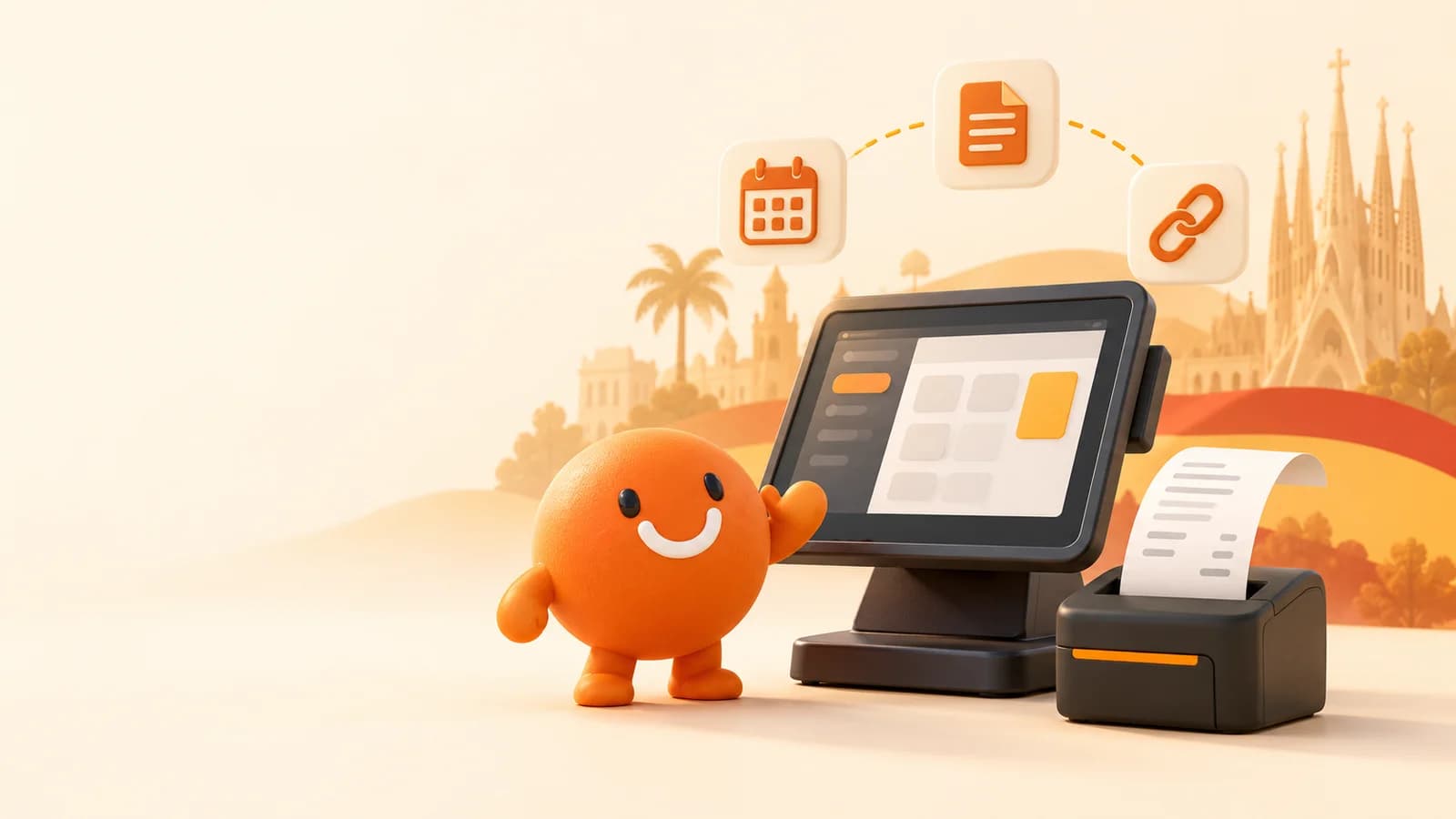 Illustration of a POS terminal, receipt printer and invoicing preparation documents